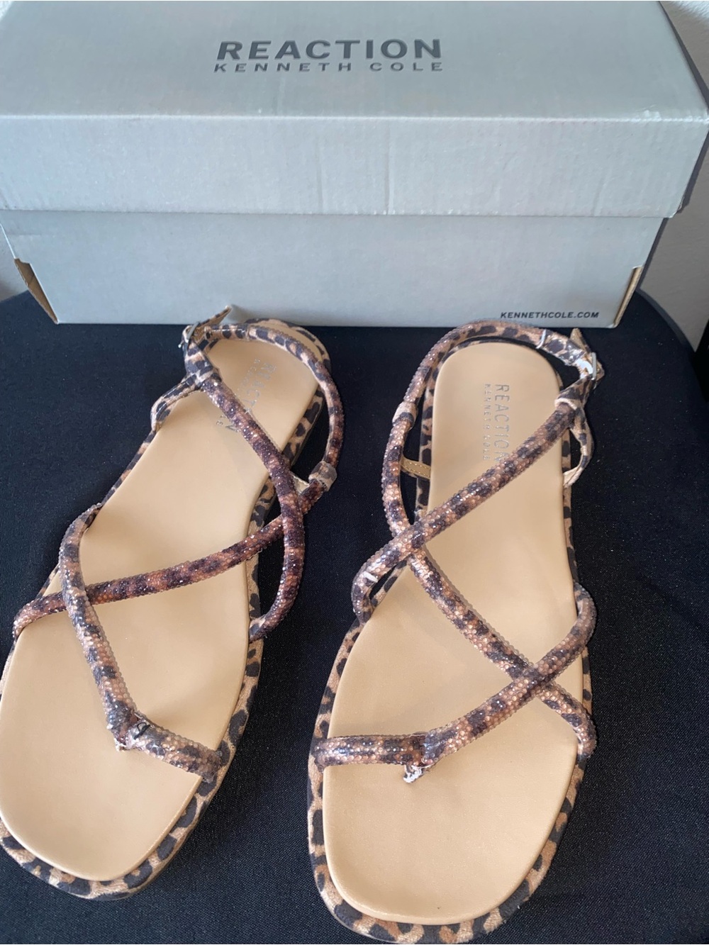 Kenneth Cole Leopard Print Strappy Flat Sandals - Beige & Black
